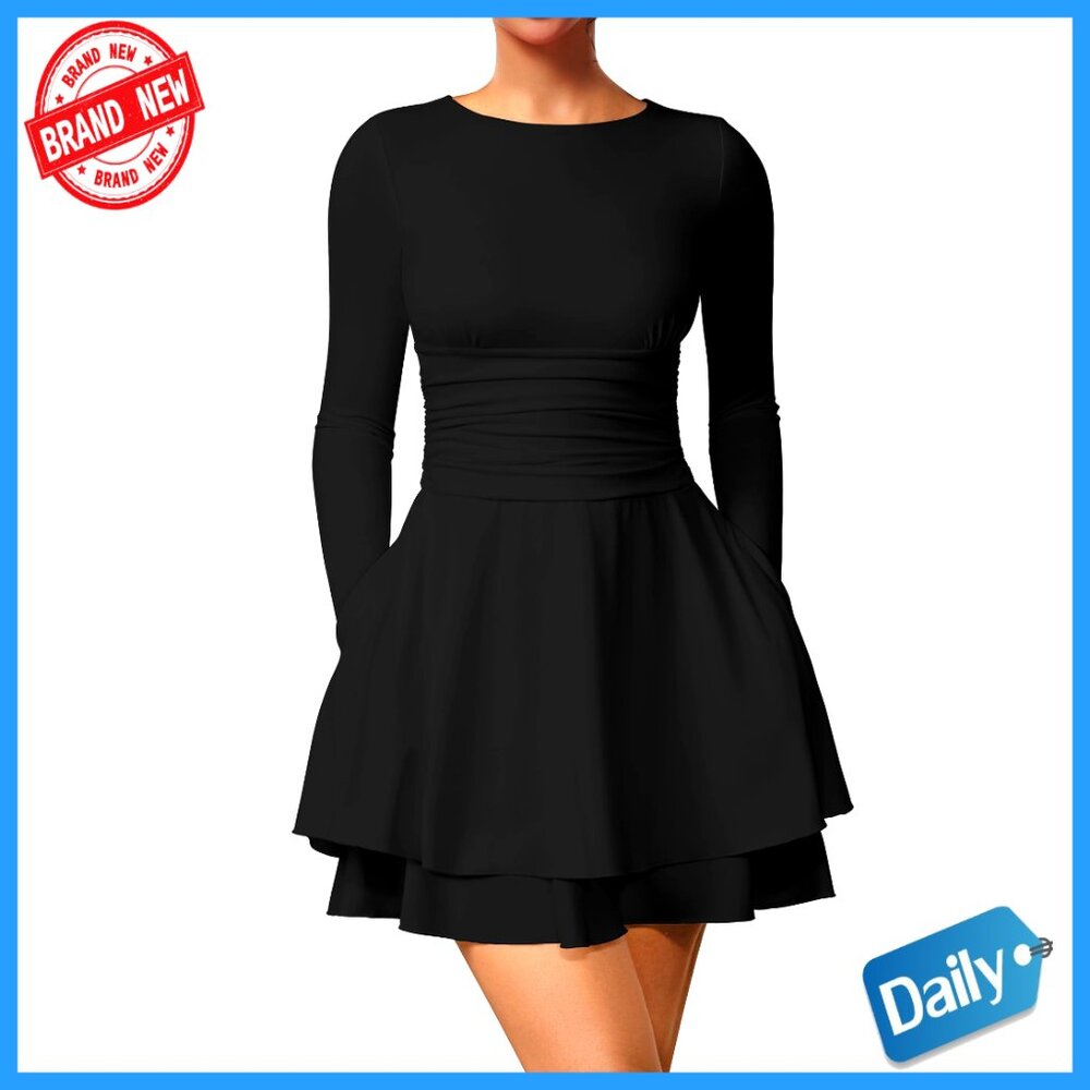 Crew Neck Long Sleeve Mini Dress Flowy Hem Corset Style Side Pocket Party